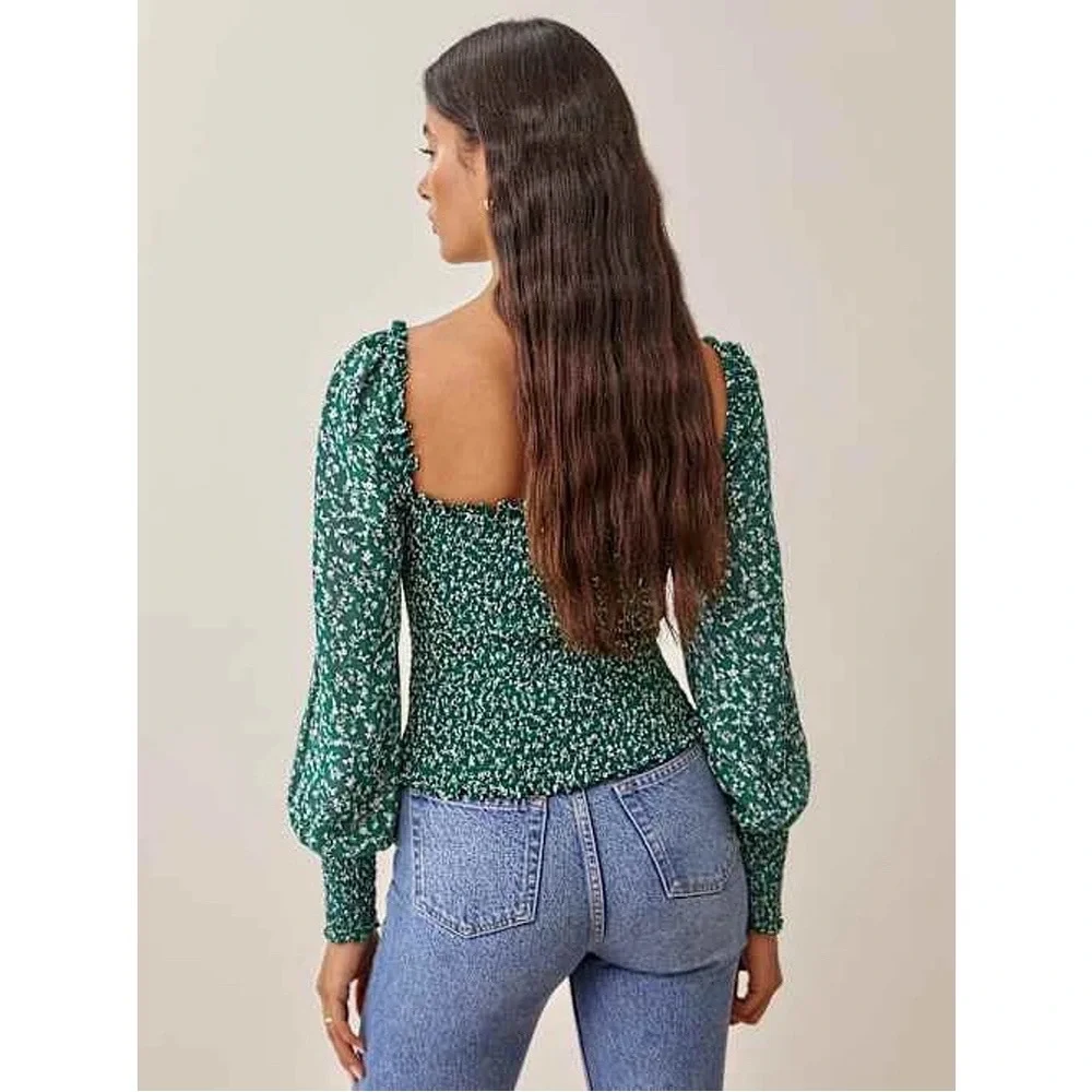 Reformation‎ Pinto Long Puff Sleeve Smocked Top in Parsley Green & White Floral